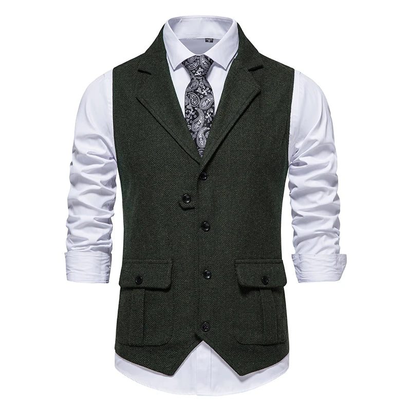 Costume Homme Vintage Suit Vest Men Herringbone Tweed Gentleman Elegant Wasitcoat Mens Business Formal Dress Vest Chaleco Hombre