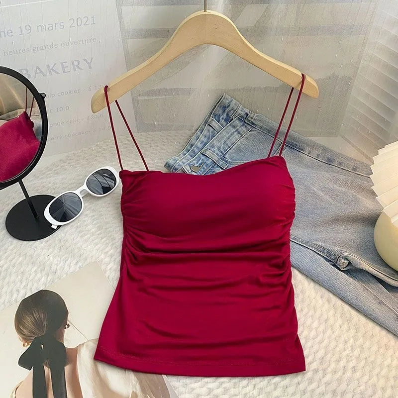 Women Sexy Ruched Camisole Top with Built-in Bra Solid Color Spaghetti Sweet and Spicy Sleeveless Outerwear Vest