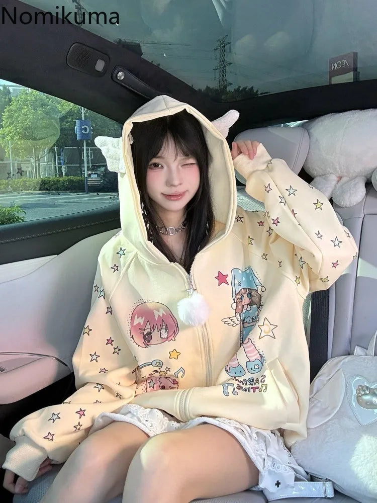 2025 Ropa Mujer Japanese Coat for Women‘s Thicked Cute Cartoon Print Jackets Oversized Tops Casual Fashion Ear Hooded Outwear