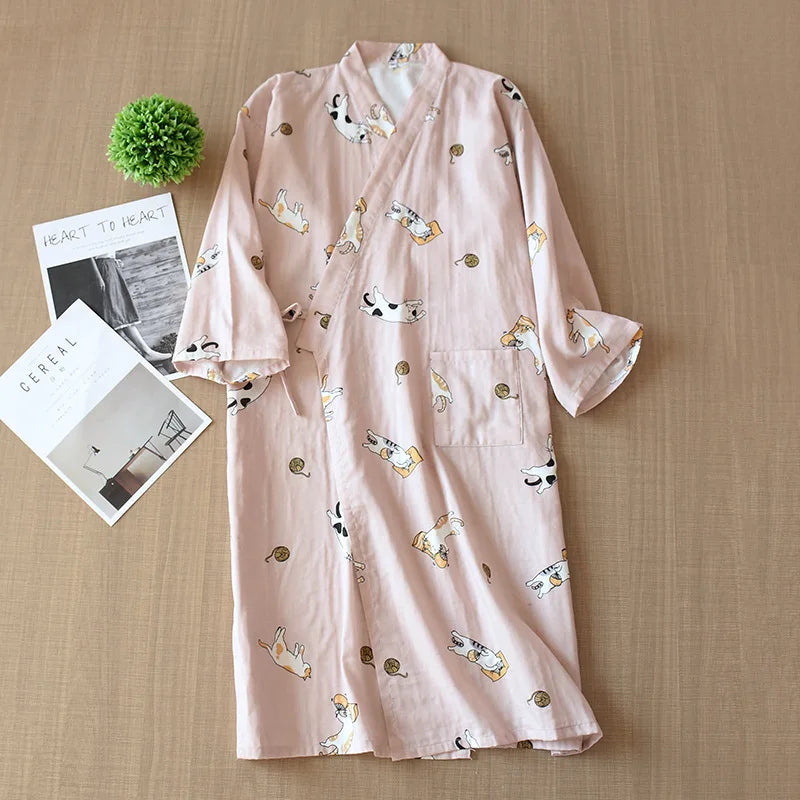 2025 Women's Robe 100% Cotton Robe Kimono Seven-Sleeve Pajamas Loose Cartoon Cat Print Night-robe Pajamas Bathrobe for Couple