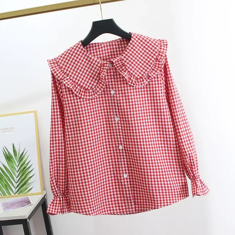 Women Blouse Spring Black White Plaid Long Sleeve Loose-Fitting Shirt Coat Top Blusas Ropa De Mujer