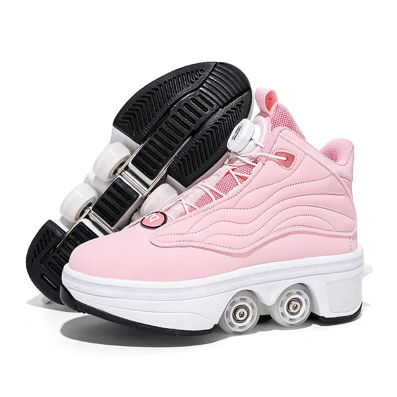 Roller Shoes Adult Unisex Retractable Four Wheels Walk Shoe Girls Boys Parkour Sneaker Stylish Skate 2 in 1 Removable Pulley