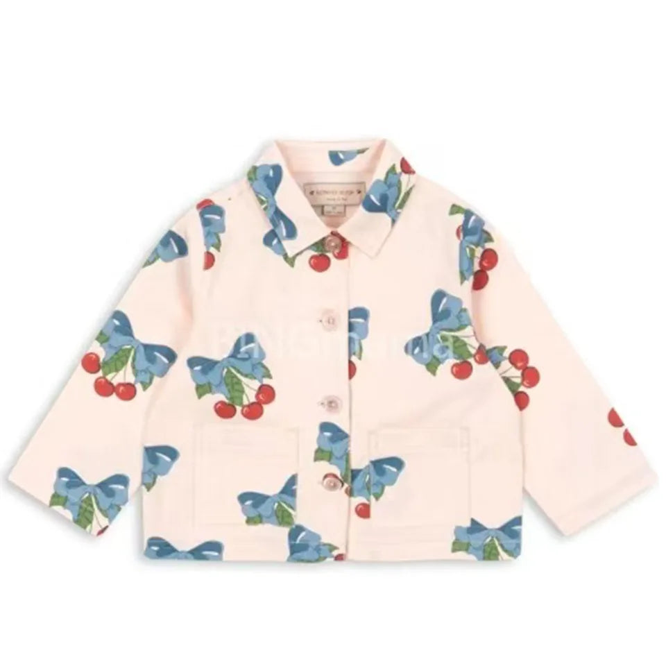 New Kids Girls Clothes Cute Print Cherry Denim Jacket Coat Overalls Jeans Toddler Girls Denim Dress White Shirt Outfit Set