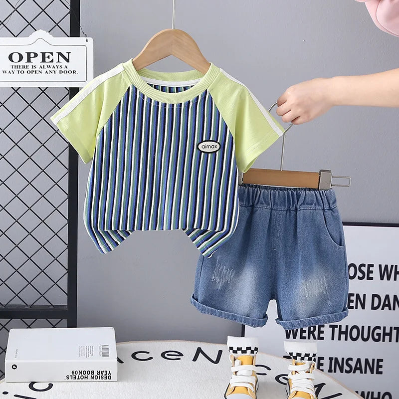 Baby Children's Summer Clothes Set 1-5Y Raglan Sleeve Striped T-shirt and Denim Shorts Boys 2pcs Suit Kid's Short Sleeve Outfit