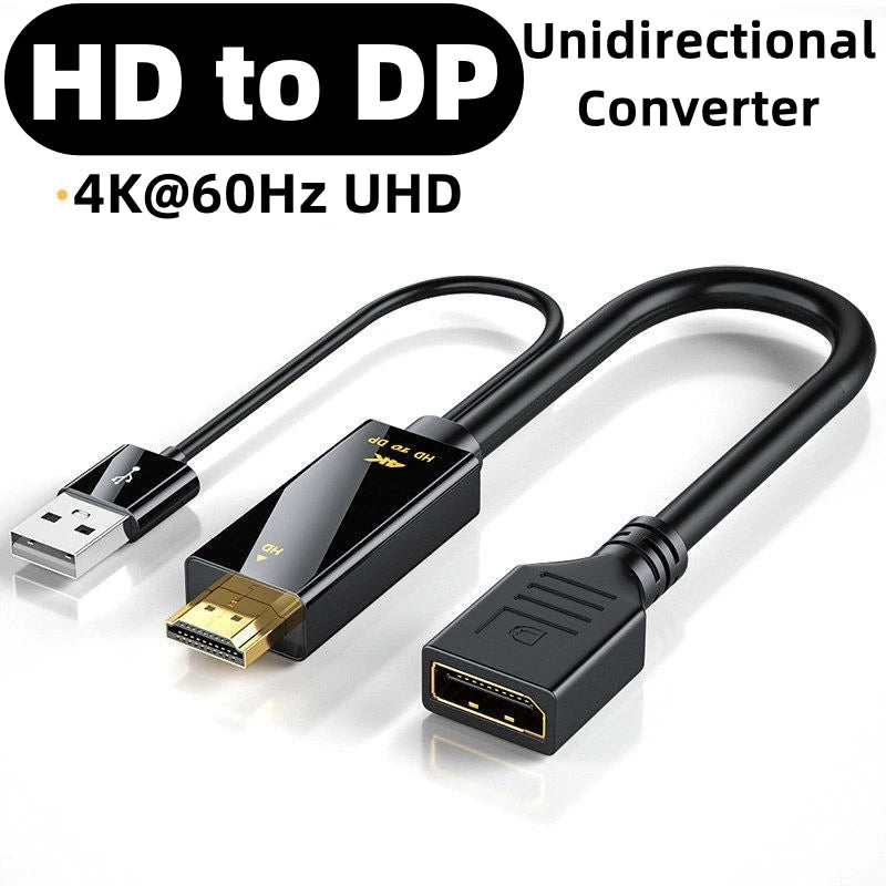 4K@60Hz HD to DisplayPort Unidirectional Adapter with USB Power Cord HDMI-compatible to DP Cable for PC Computer Game Monitor