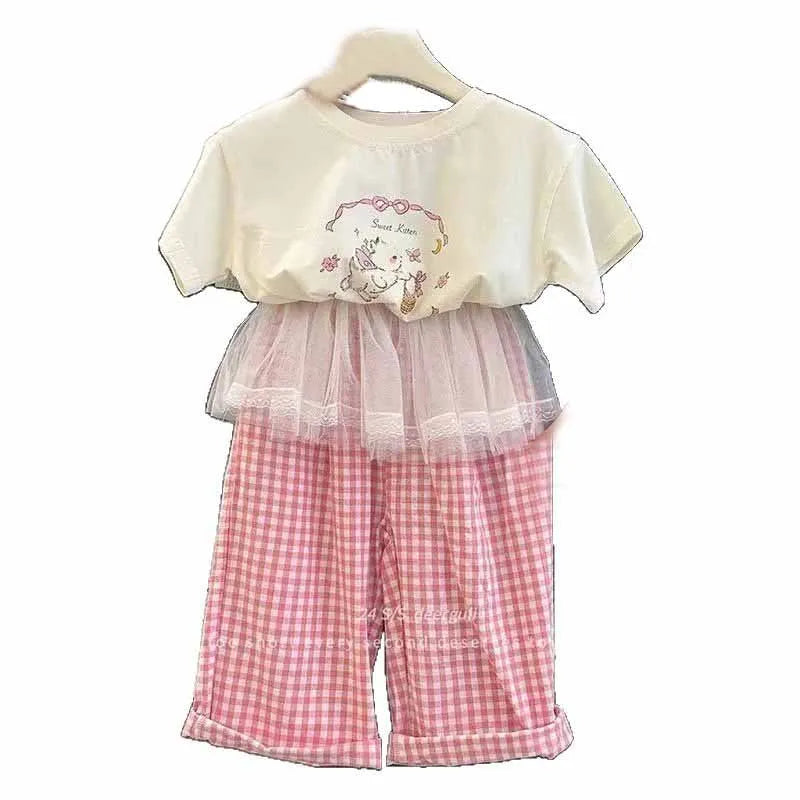 Children's Clothing Sets Girls Cute Suit Kids Short-Sleeved Cartoon Top Lace Trousers 2-Piece Summer New T-Shirt Outfit 2-8 Year