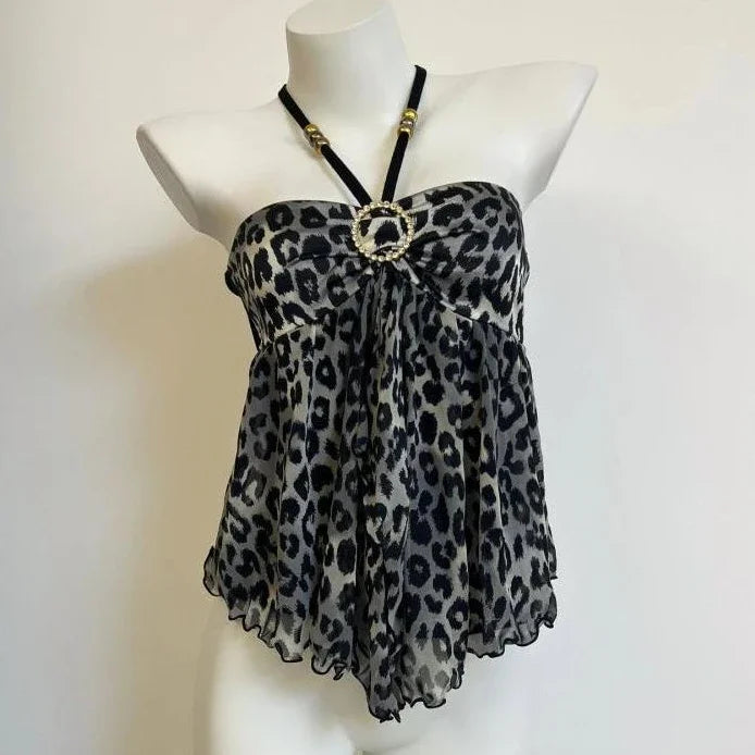 Women Clothing Summer Crop Tops 2025 Ropa Mujer Halter Backless Loose Vest Sweet Korean Camis Korean Leopard Print Sexy Tanks