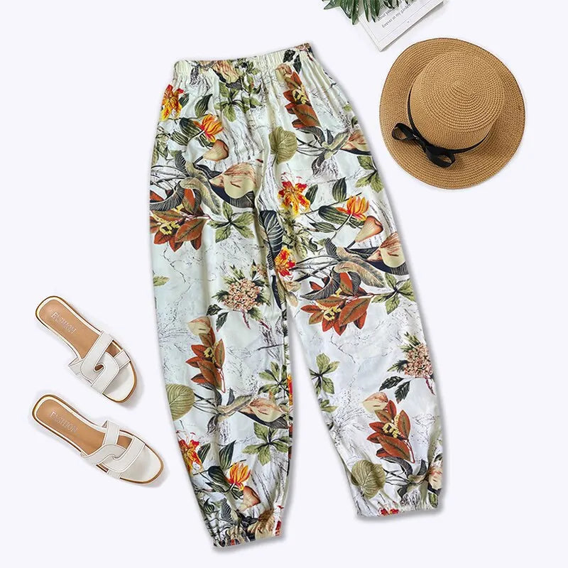 Women Casual Loose Cozy Pants Elastic Pants Feet Harem Pants Sweatpants Pants Summer Beach Pants Elastic Waistband