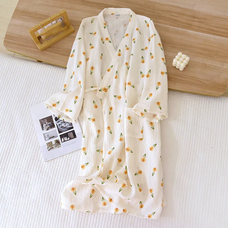 New Cotton Women Robe kimono pajamas Spring Summer Cozy gauze pajamas nightgown Dressing Female bathrobe Sleepwear long pijama