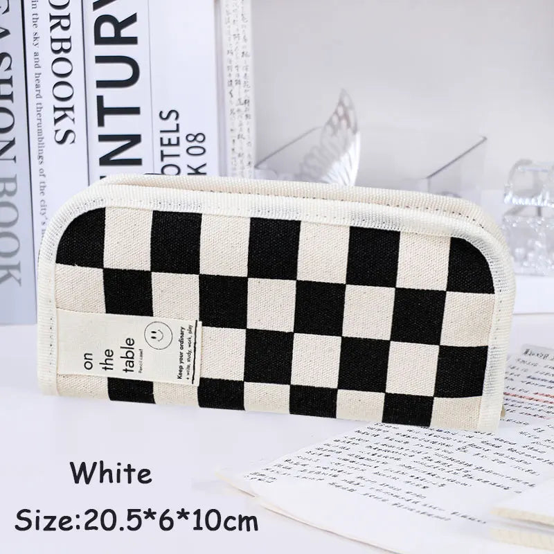Simple Black and White Plaid Canvas Pencil Case School pencil case Kawaii Stationery Storage Bag aesthetic stationery