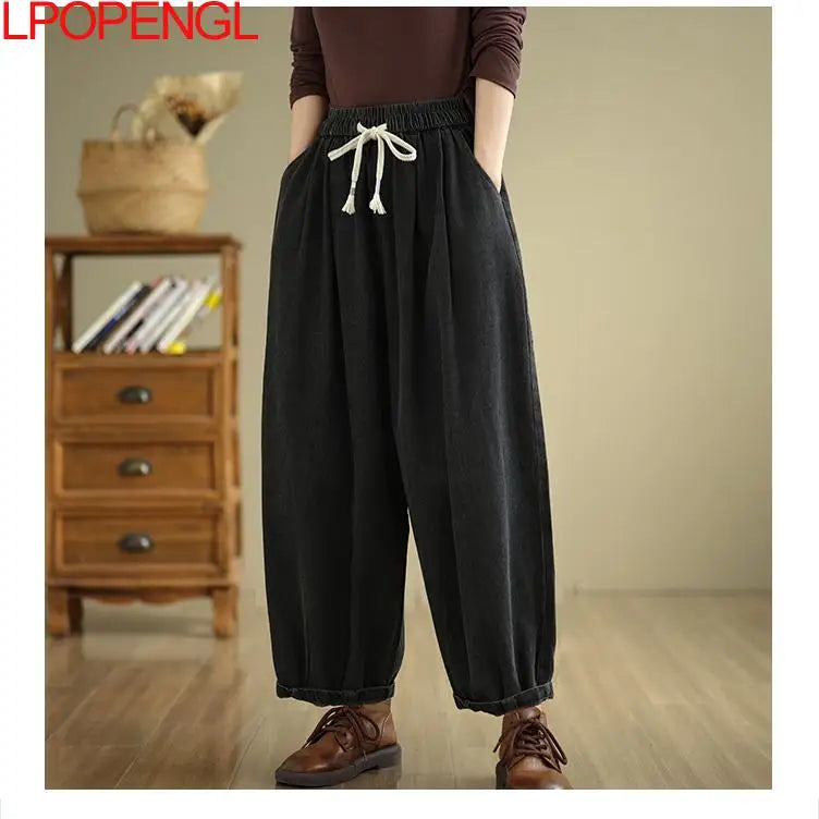 Women's 2025 New Retro Literary Loose Simple Versatile Drawstring Denim Wide-leg Trousers Casual Streetwear Washed Harem Pants