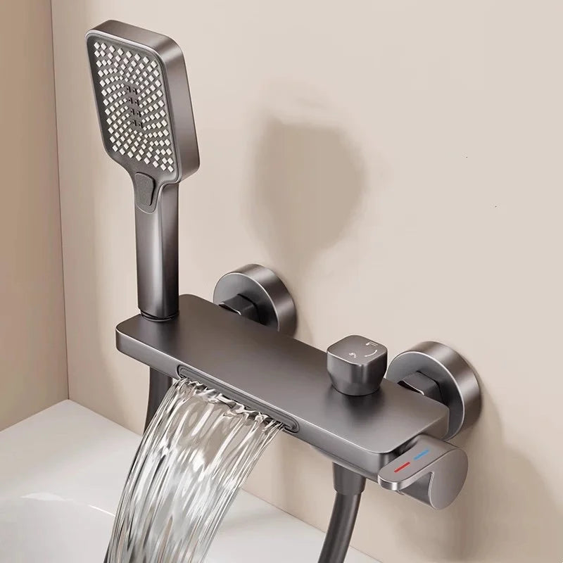 Bathroom Waterfall Bathtub Faucet With Hand-held Shower Head Wall Mounted Hot and Cold Mixer Tap Shower Set Single Handle