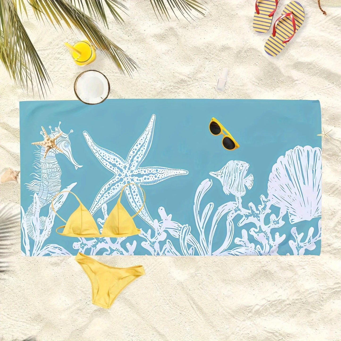 Beach Towel White Marine Life Pattern Sun Protection Windproof Suitable For Beach Pool Camping Travel Beach Blanket