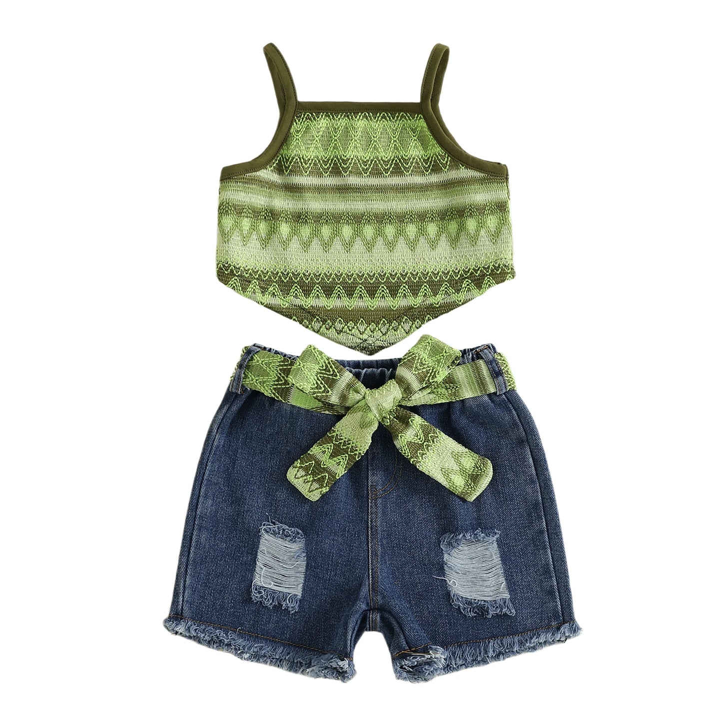 2-7Y Kids Girls Summer Outfits Adorable Boho Print Camisole Tops and Ripped Denim Shorts with Belt Set Fashion Children Clothes