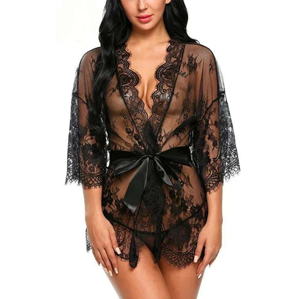 Sexy Lace Robe Dress+G String Thongs Women Erotic Transparent Sleepwear Pajamas Lace Nightdress Mujer Pornos Costumes Underwear
