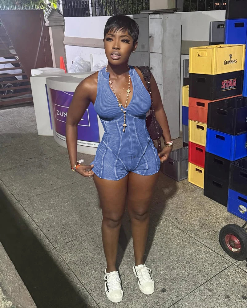Women Ribbed 1 Piece Rompers 2025 Summer Casual Washed Retro Playsuits Street Clothes Sexy V Neck Sleeveless Bodycon Jumpsuits
