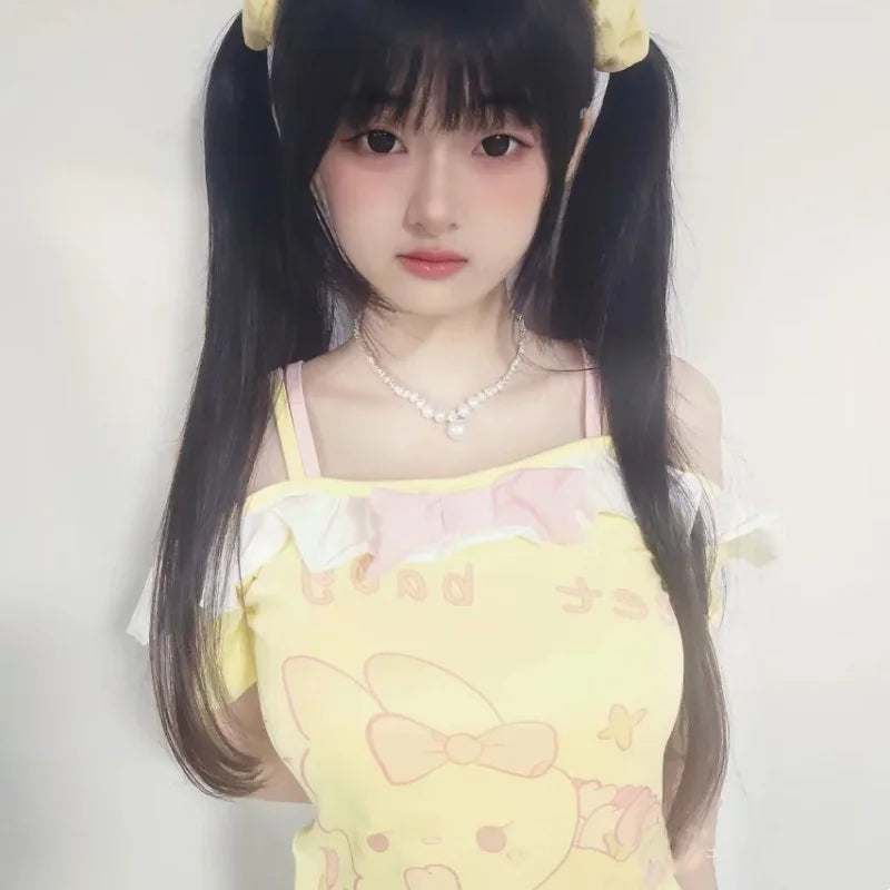 Women clothing T-shirt Y2k Cute Sweet Girls Short Sleeves Crop Top Harajuku Women Lolita Kawaii Cartoon Print ropa de mujer