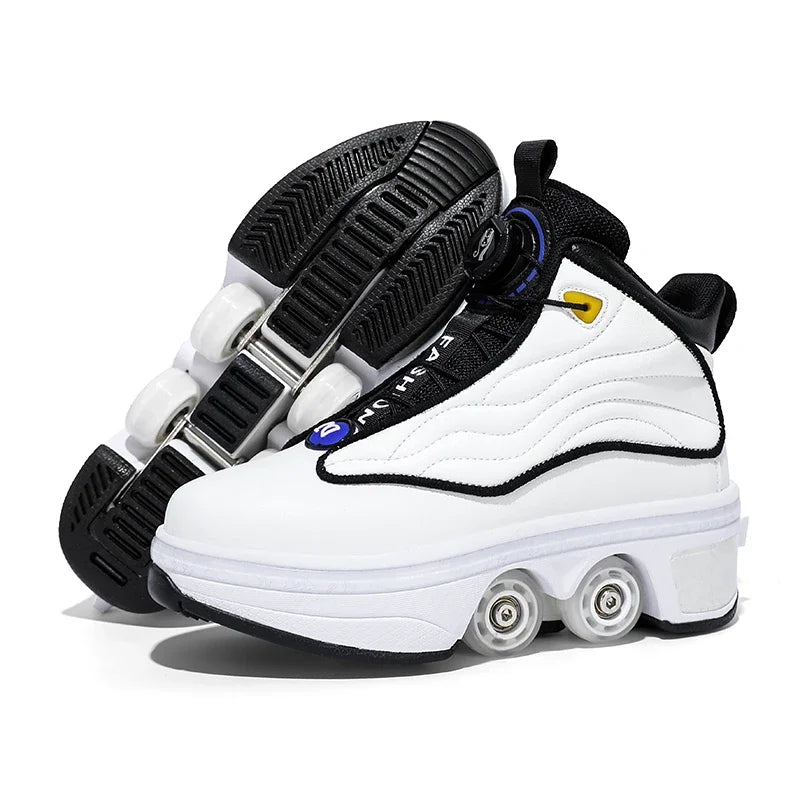 Roller Shoes Adult Unisex Retractable Four Wheels Walk Shoe Girls Boys Parkour Sneaker Stylish Skate 2 in 1 Removable Pulley