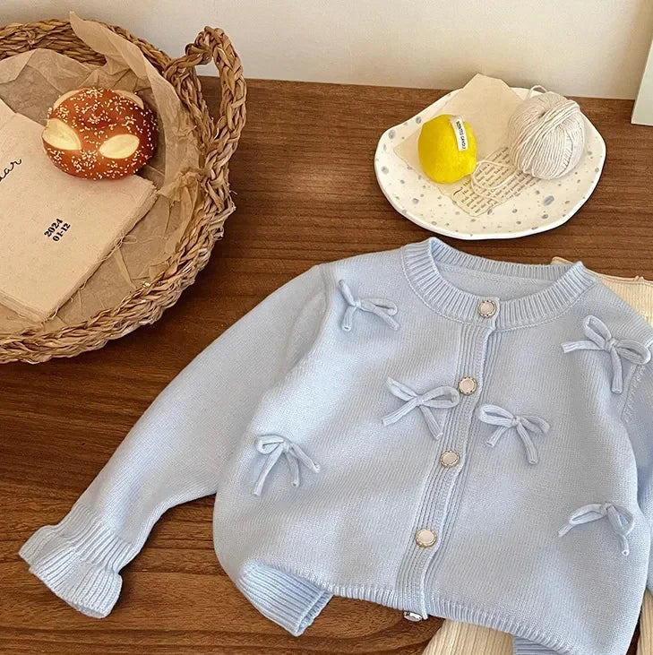 Childrens Clothing 2024 Autumn and Winter New Item Girls Bow Knit Cardigan Sweater Jacket Cute Baby Sweet Top Fashion