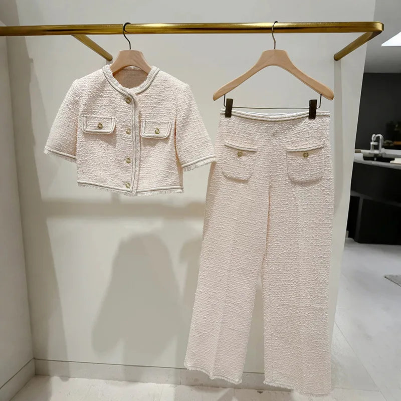 2025 Women's two-piece trouser suits with short sleeves, short jackets or slim-fitting elegant trousers