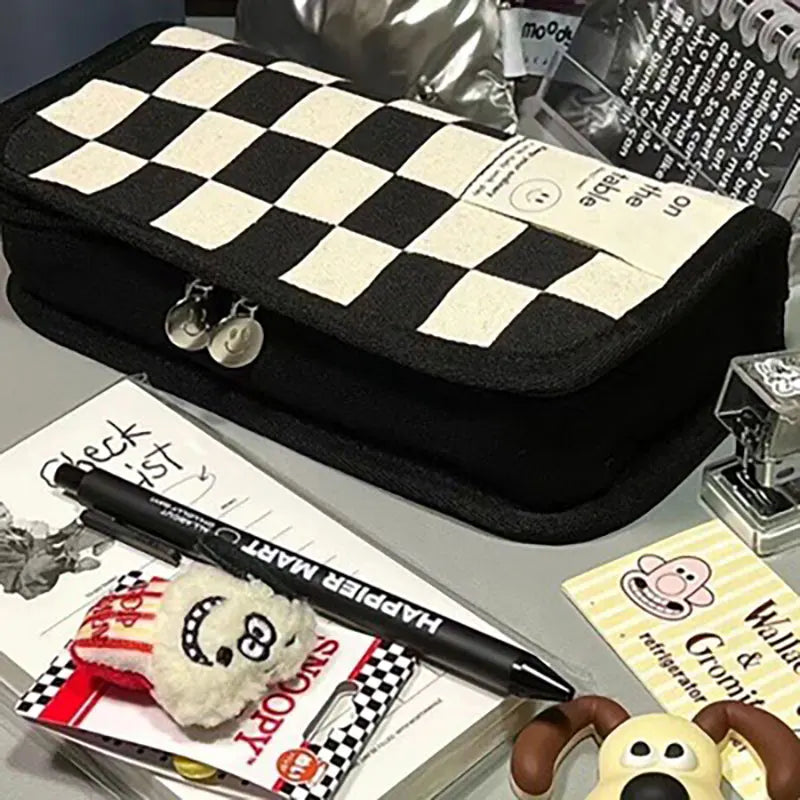 Simple Black and White Plaid Canvas Pencil Case School pencil case Kawaii Stationery Storage Bag aesthetic stationery