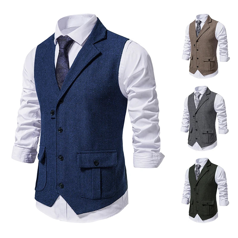 Costume Homme Vintage Suit Vest Men Herringbone Tweed Gentleman Elegant Wasitcoat Mens Business Formal Dress Vest Chaleco Hombre