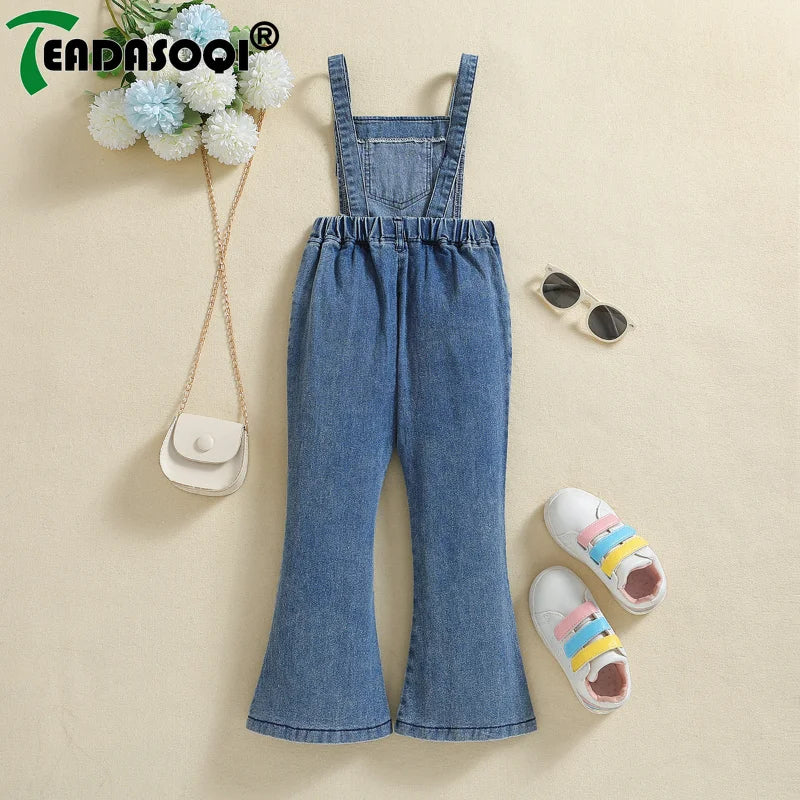 4-8Y Kids Girls Overalls Clothing Spring Autumn Double Shoulder Suspenders Denim Bell Bottoms Children Girl Trousers Clothes