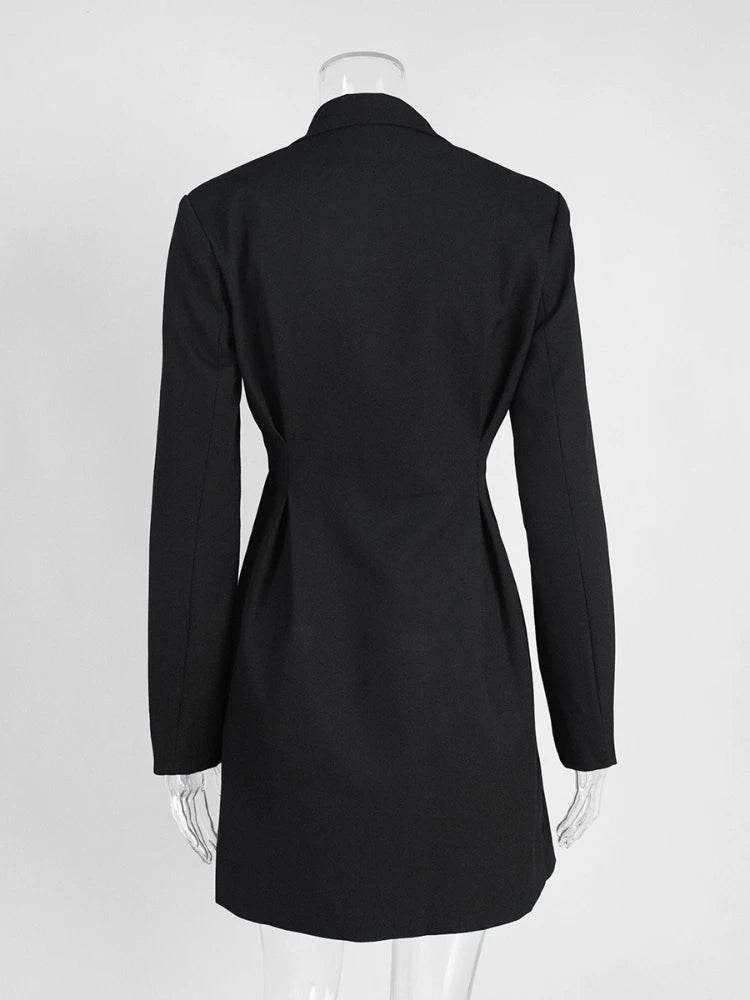 Woman Clothes Elegant Double Breasted Tunics Blazer Dresses Office Lady Notched Long Sleeve Buttons Solid Black Short Dress
