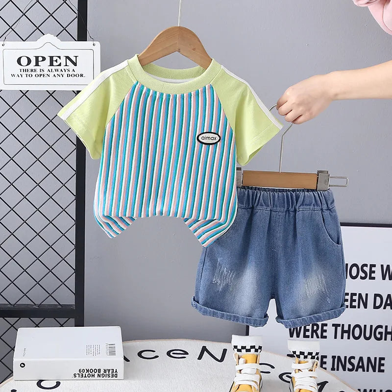 Baby Children's Summer Clothes Set 1-5Y Raglan Sleeve Striped T-shirt and Denim Shorts Boys 2pcs Suit Kid's Short Sleeve Outfit