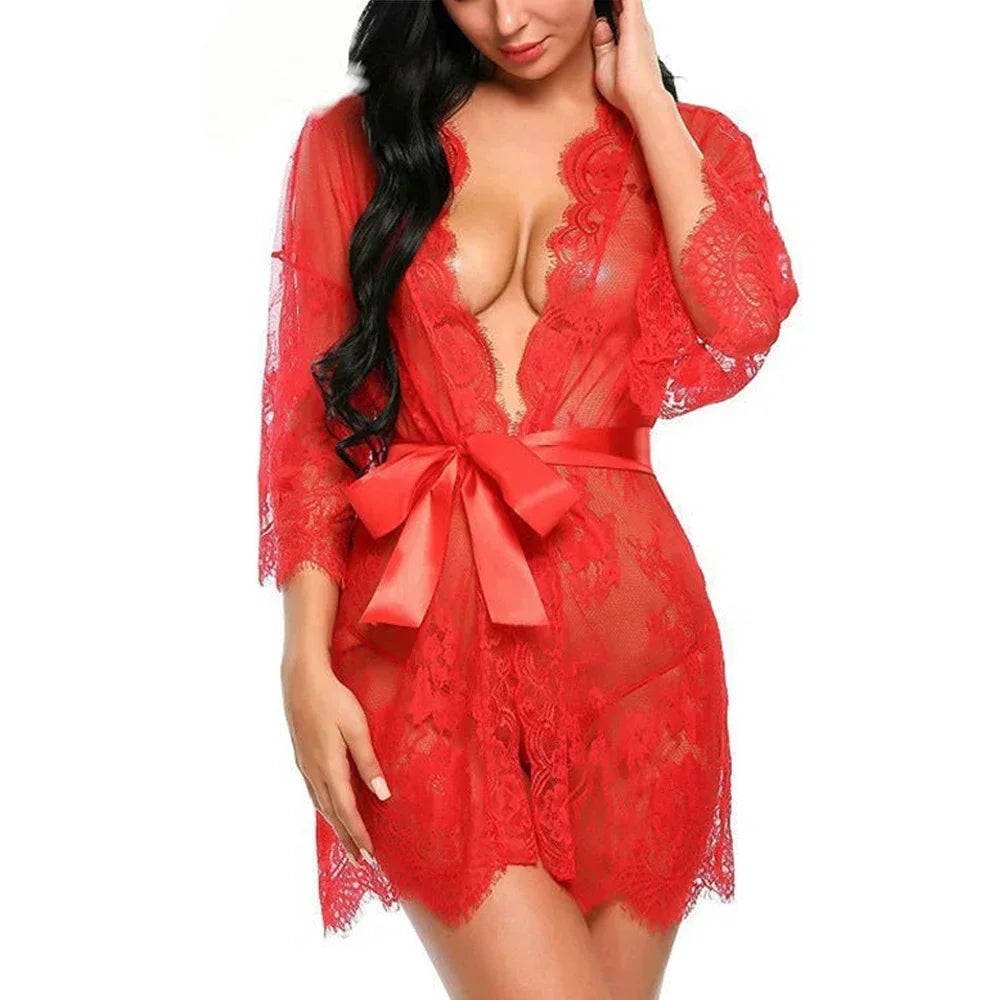 Sexy Lace Robe Dress+G String Thongs Women Erotic Transparent Sleepwear Pajamas Lace Nightdress Mujer Pornos Costumes Underwear