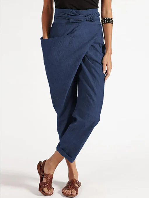 Women's Wide Leg Pants women Trousers Elastic Waist Cargo Casual Pants With Band Irregular lace up cropped pants ropa mujer