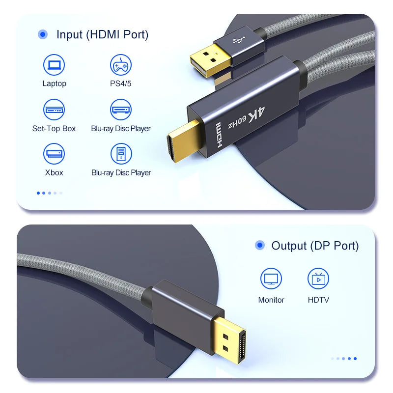 4K HDMI to DP Cable HDMI To Display Port Converter 144Hz Audio Video DisplayPort Cord Unidirectional HDMI to DP 1.2 Adapter