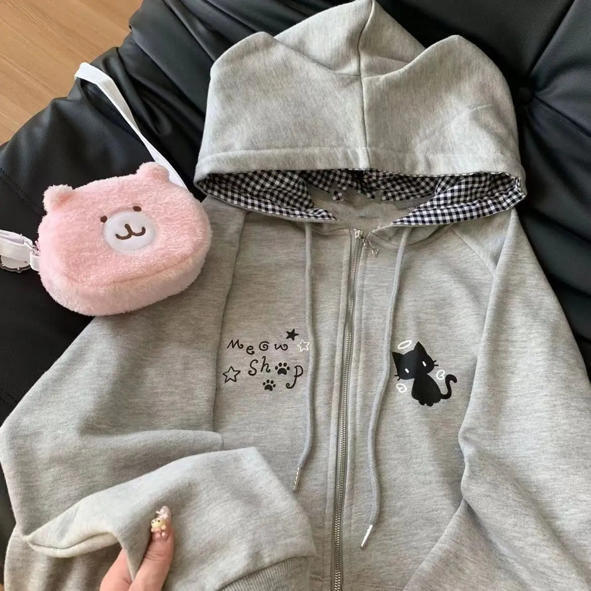 Ropa Mujer Japanese Cute Hoodies Coats Cute Cat Print Hooded Sweatshirts Y2K Tops Women Clothing Casual Zipper Loose Hoodie