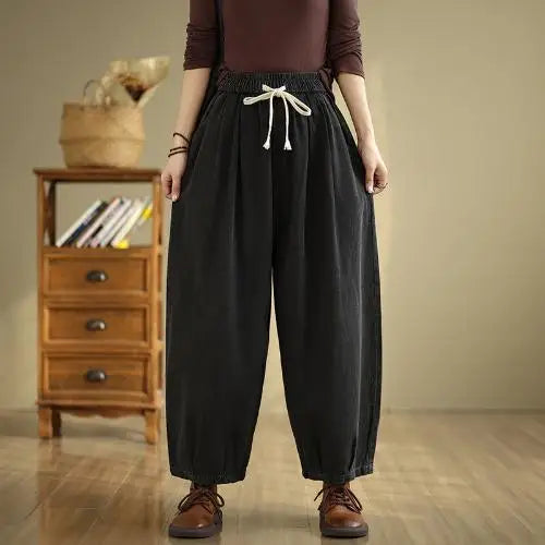 Women's 2025 New Retro Literary Loose Simple Versatile Drawstring Denim Wide-leg Trousers Casual Streetwear Washed Harem Pants