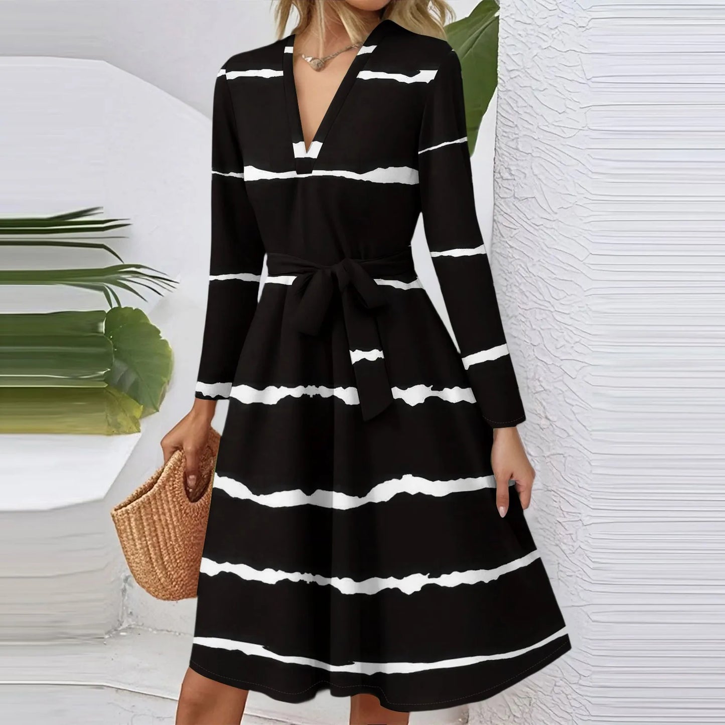 Women'S Fashion Casual V-Neck Long Sleeve Waist Floral Print Midi Dress Vestidos Para Mujer Female Dress Y2k Traf Roupas Feminin