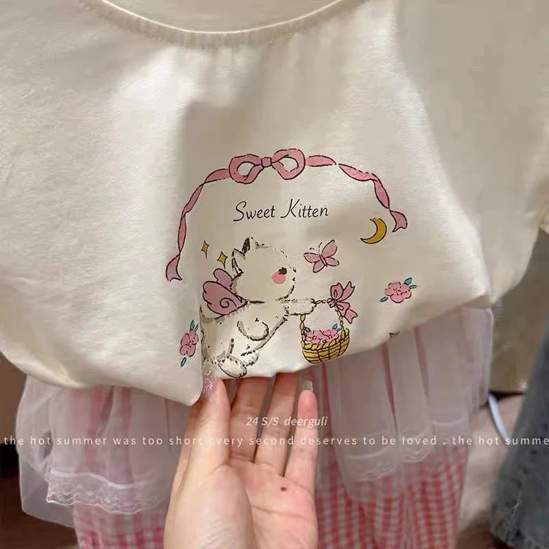 Children's Clothing Sets Girls Cute Suit Kids Short-Sleeved Cartoon Top Lace Trousers 2-Piece Summer New T-Shirt Outfit 2-8 Year