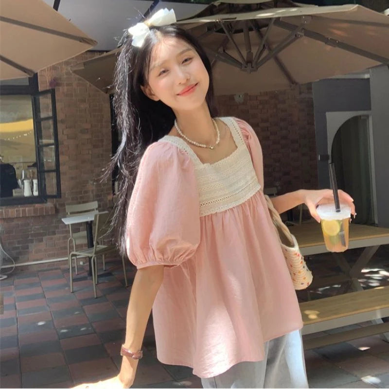 Blouses for Women Patchwork Lace Summer Lovely Aesthetic All-match Sweet Short Sleeve Korean Style Blusas Ropa Mujer Casual Tops