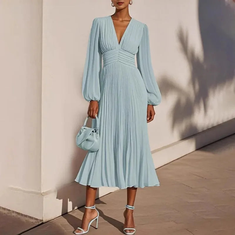 Woman Clothing 2025 Spring Sexy V Neck High Waist Pleated Long Dress New Autumn Long Sleeve Elegant Party Dresses Vestidos Mujer