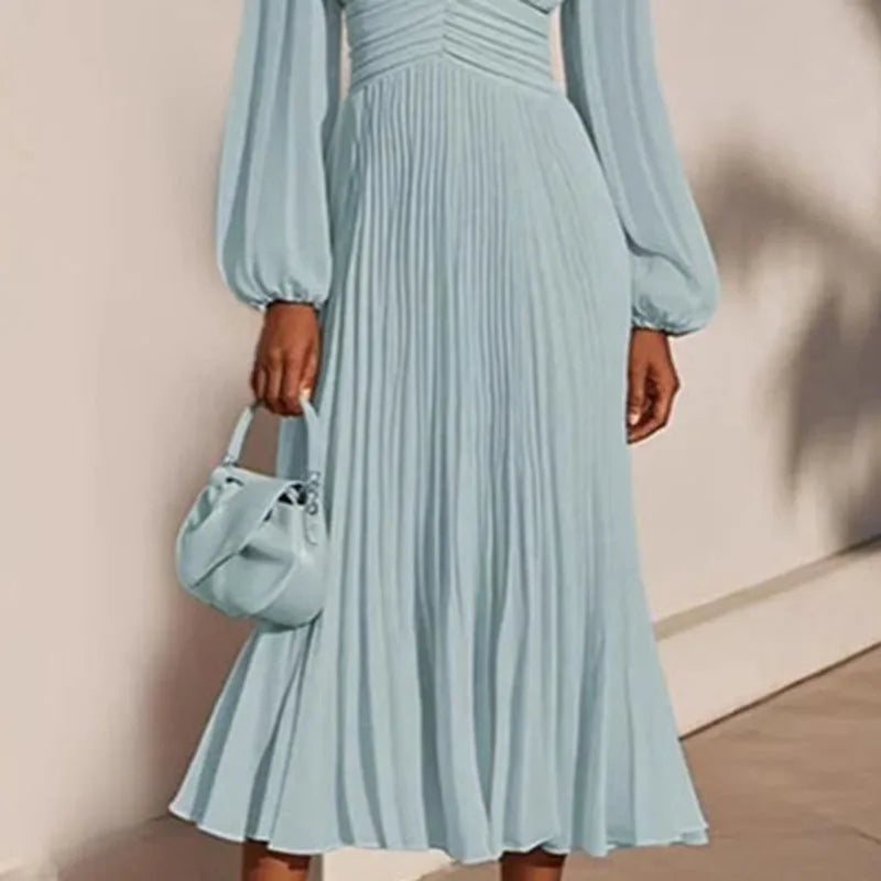 Woman Clothing 2025 Spring Sexy V Neck High Waist Pleated Long Dress New Autumn Long Sleeve Elegant Party Dresses Vestidos Mujer