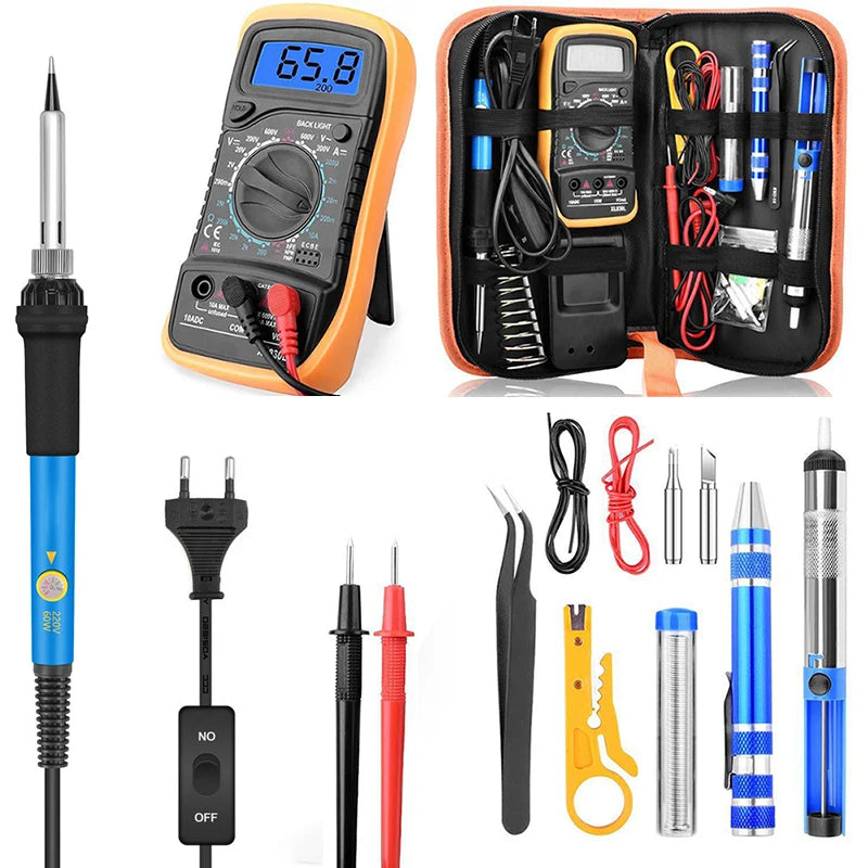60W Soldering Iron Set Temperature Control Soldering Kit Tin Wire Digital Multimeter Repair Tool Cautin With Desoldering Pump
