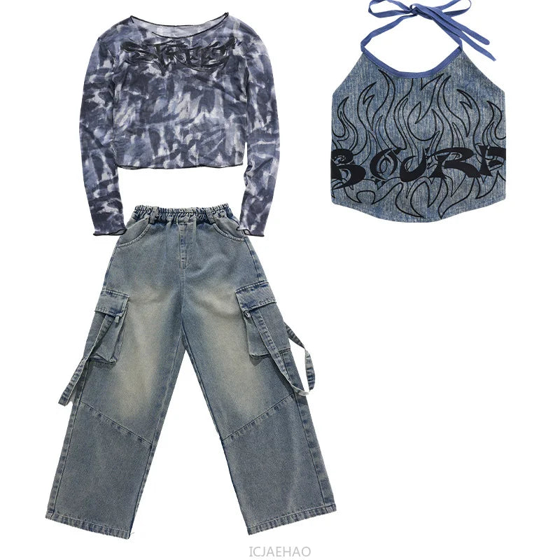 2025 Children's Costume Performance Clothes Fashion Street Style Cool Girl Hip Hop Jean Tops Clothing Hiphop Outfit Denim Dance