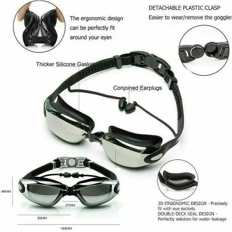 2024 Hot Anti Fog Swimming Goggles Uv Glasses Adjustable Earbuds Mya Adult UK
