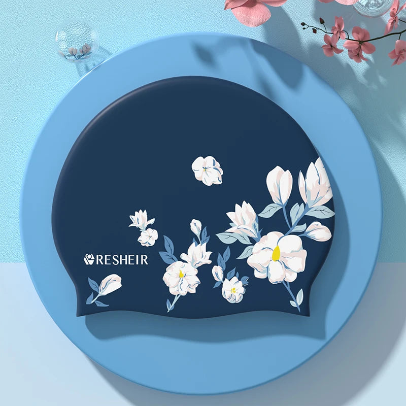 Silicone Swimming Cap Waterproof High Elastic Swim Cap for Women Long Hair Comfortable Adults Printed Swimming Cap
