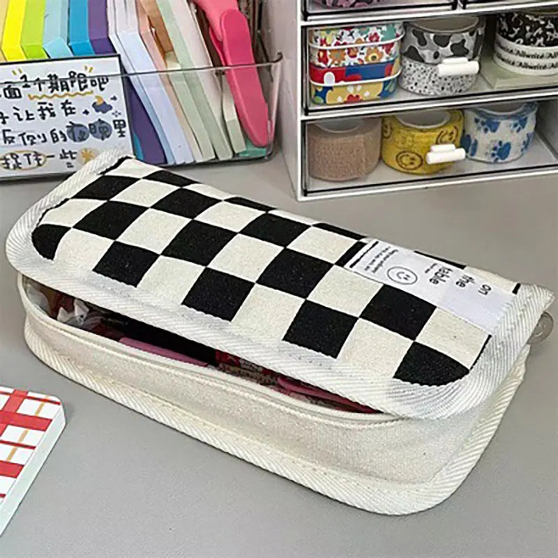 Simple Black and White Plaid Canvas Pencil Case School pencil case Kawaii Stationery Storage Bag aesthetic stationery