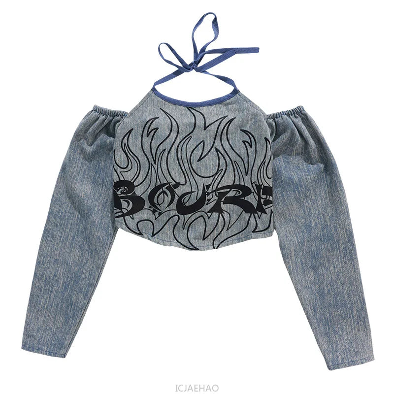 2025 Children's Costume Performance Clothes Fashion Street Style Cool Girl Hip Hop Jean Tops Clothing Hiphop Outfit Denim Dance