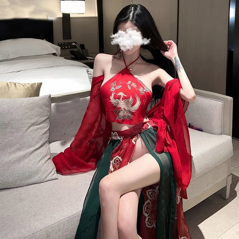 Women Chinese Traditional Dress Hanfu Chiffon Pajamas Robe Apron Suit Sexy Erotic Lingerie Vintage Clothing Female Nightdress