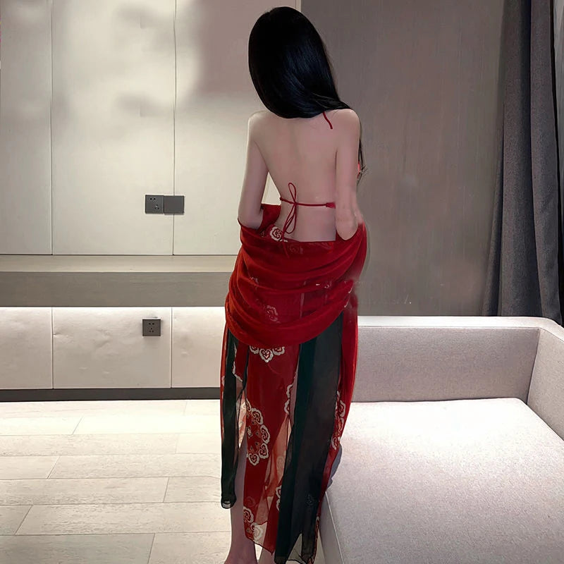 Women Chinese Traditional Dress Hanfu Chiffon Pajamas Robe Apron Suit Sexy Erotic Lingerie Vintage Clothing Female Nightdress