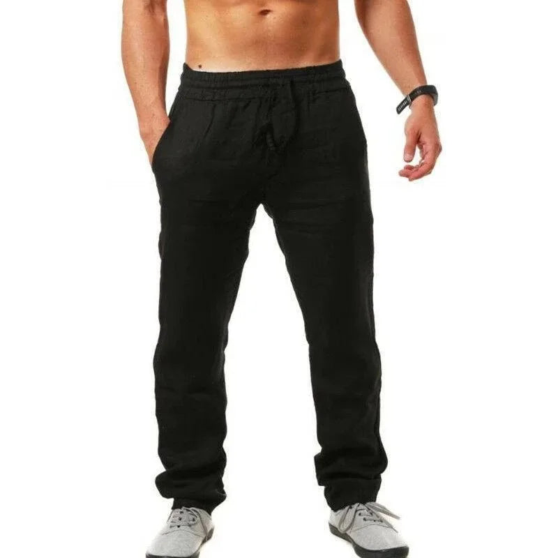 Pantalones largos de lino y algodón para hombre calzas transpirables de Color sólido informales con cintura elástica estilo