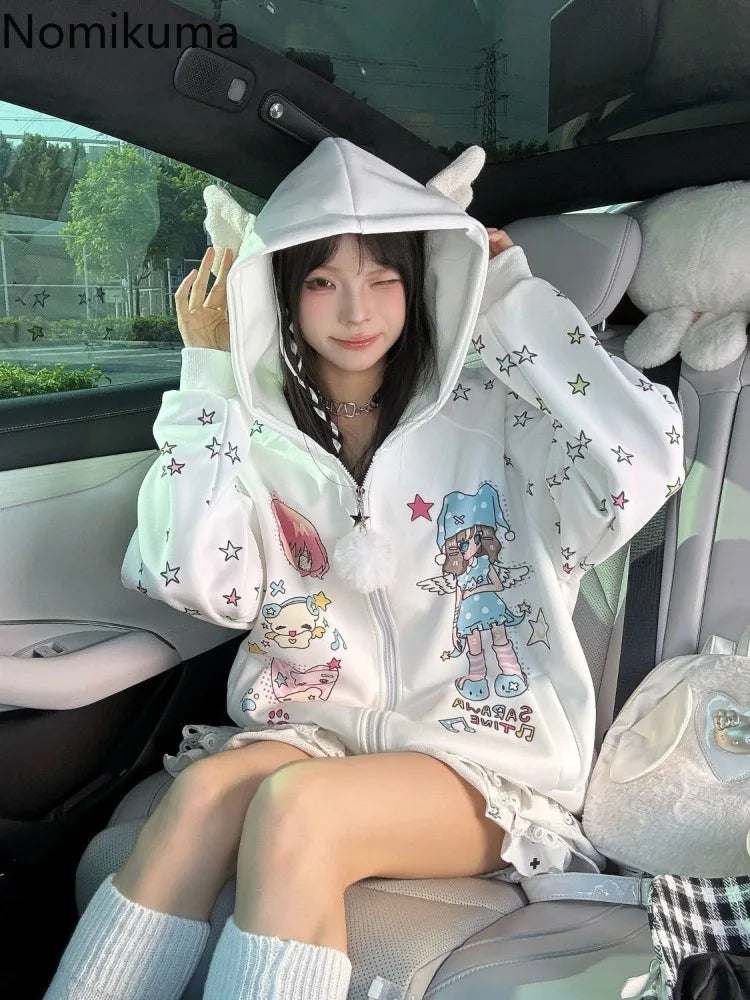2025 Ropa Mujer Japanese Coat for Women‘s Thicked Cute Cartoon Print Jackets Oversized Tops Casual Fashion Ear Hooded Outwear