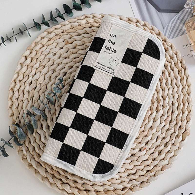 Simple Black and White Plaid Canvas Pencil Case School pencil case Kawaii Stationery Storage Bag aesthetic stationery